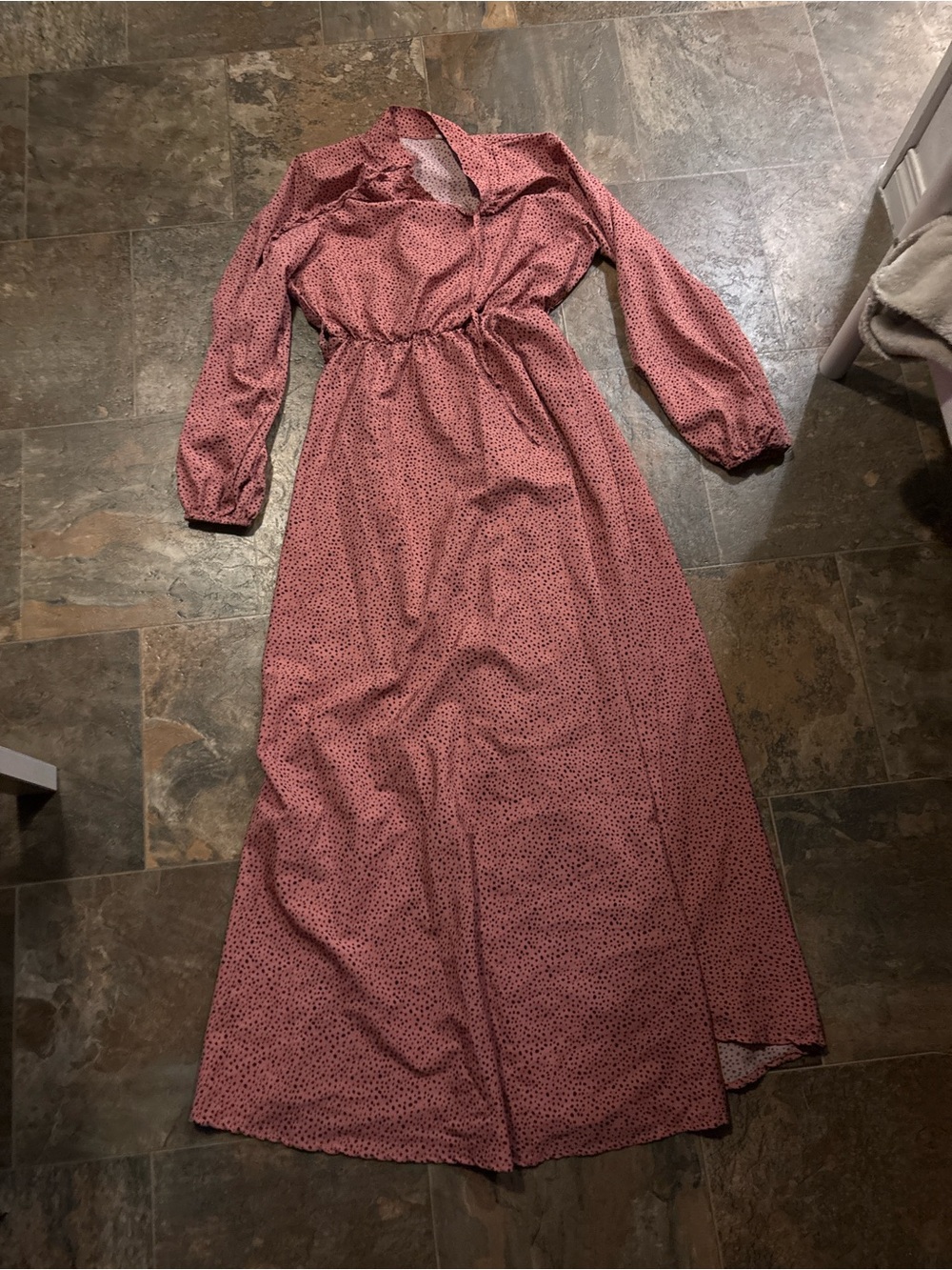 Long Sleeve Pink and brown  Maxi Dress with Gathered Waist